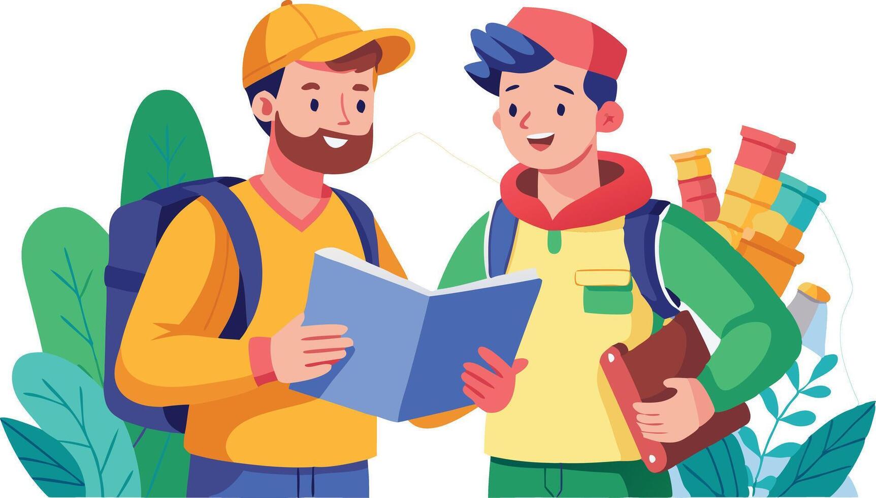 A illustration of two friends with backpacks, symbolizing adventure, travel, and exploration together. vector