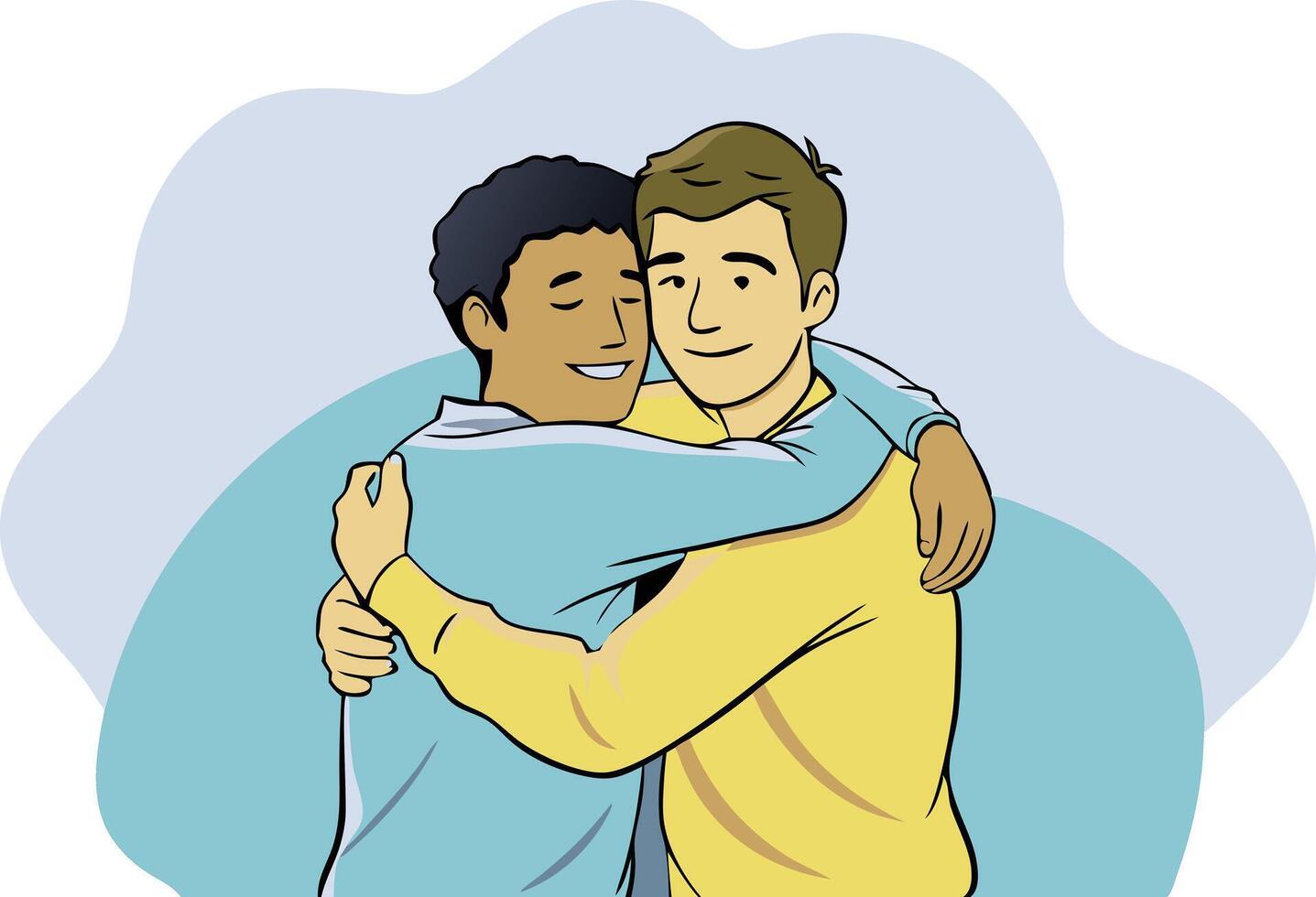 A illustration of two men hugging, symbolizing friendship, care, and emotional support in their relationship. vector