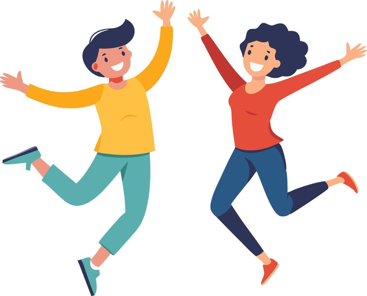 A illustration of two children happily jumping in the air, symbolizing fun, excitement, and playful childhood. vector