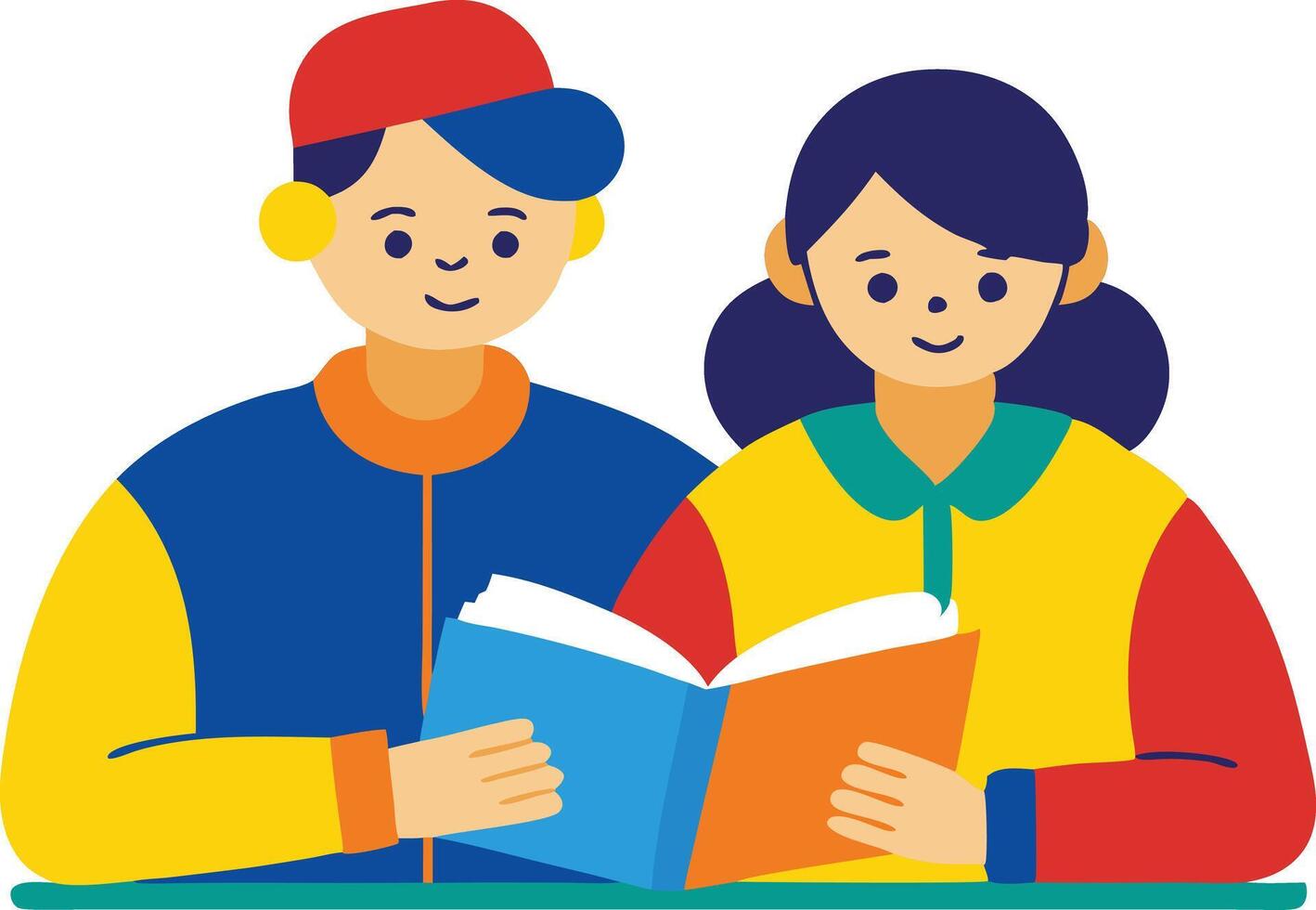 A illustration of two children reading a book together, symbolizing learning, education, and friendship. vector