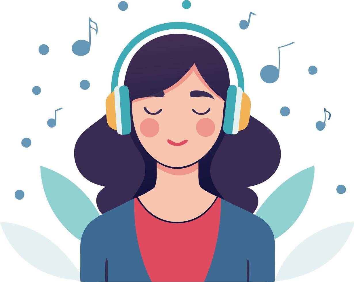 A illustration of a woman with headphones, eyes closed, enjoying music, symbolizing relaxation, peace, and personal enjoyment. vector