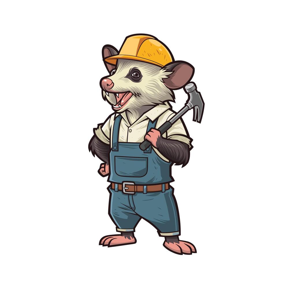 Mascot design of an Opossum Handyman Holding a Roofing Hammer vector