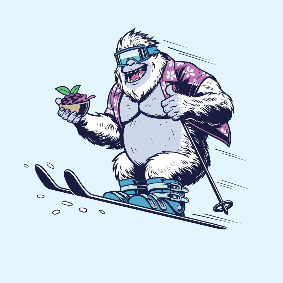 Yeti in Hawaiian Shirt Skiing while Carrying a Bowl of Fruit vector