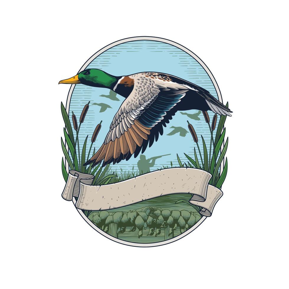 Flying Mallard Duck hunting logo emblem vector