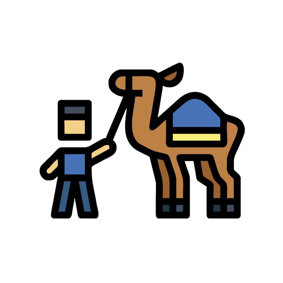 A man is holding a camel and a man is standing next to it vector