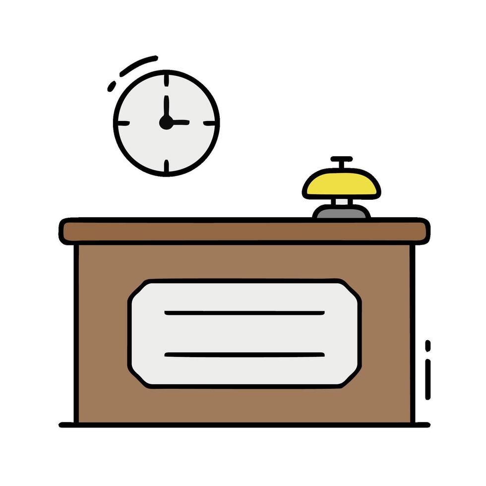 Hotel reception desk with clock and bell illustration vector