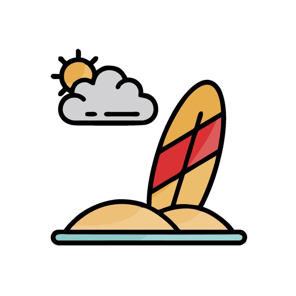 Surfboard on sand with sun and clouds vector