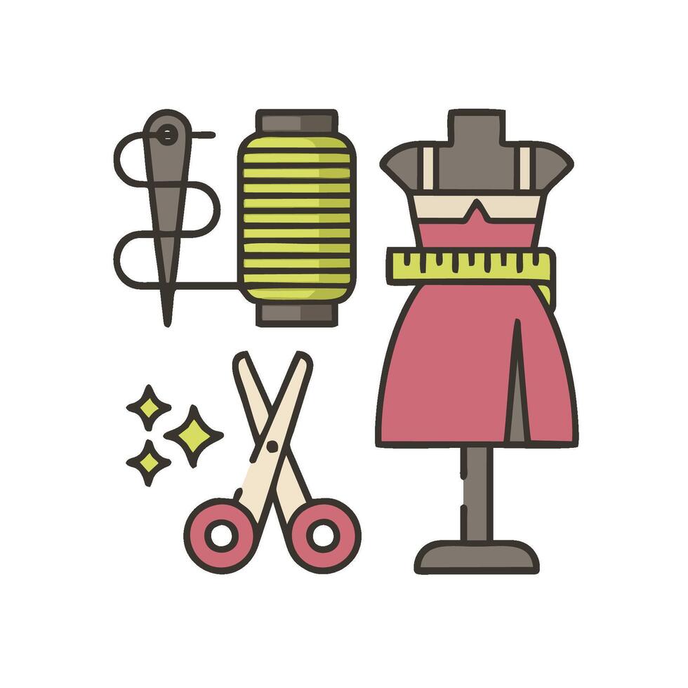 Sewing supplies and dress on mannequin vector