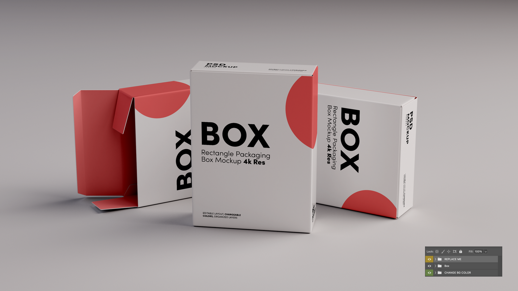 3D Boxen mockup with red and white packaging open and closed psd