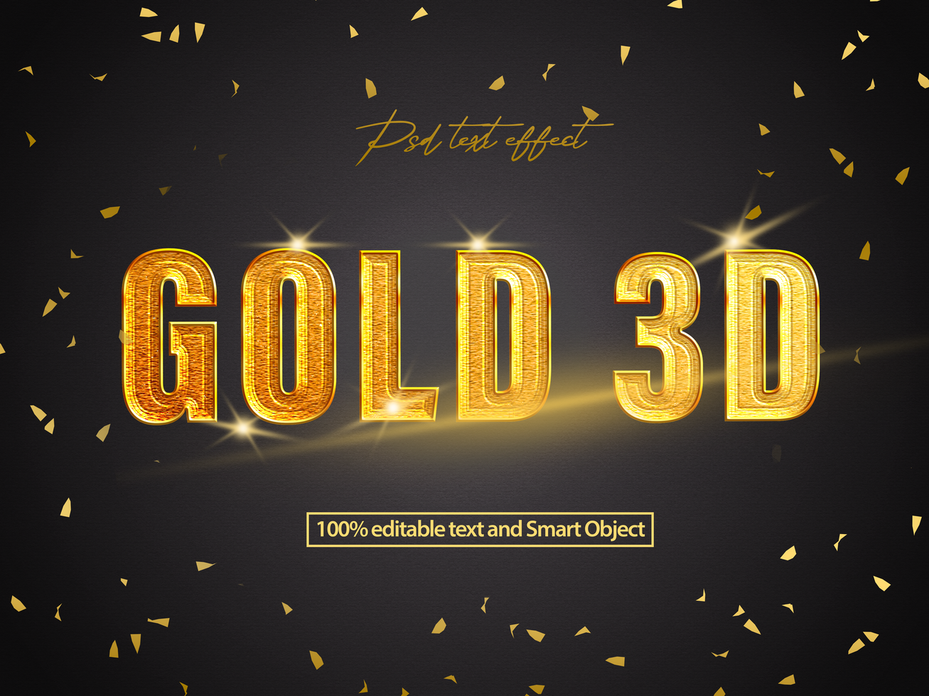 Gold 3d text effect with confetti psd