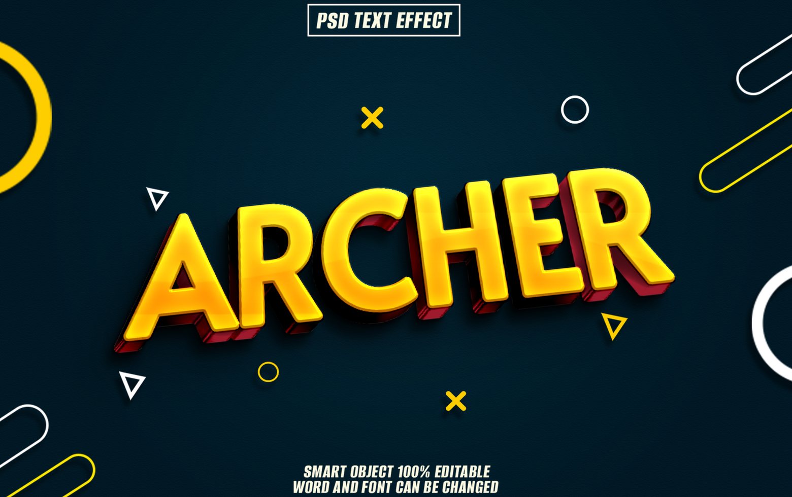 3D text effect with word Archer with bold yellow letters and geometric accents psd