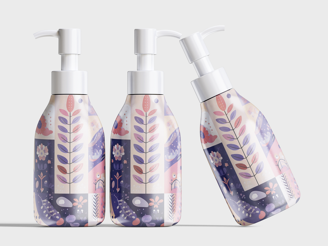 Plastic bottle set with dispenser pump for liquid soap , gel, lotion, cream, shampoo, bath foam and other cosmetics. Blank product packaging mockup template design for ads psd
