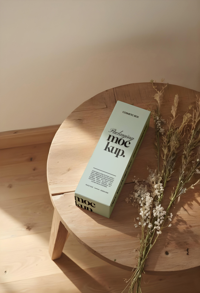 a box mockup of cosmetic on a round table. psd