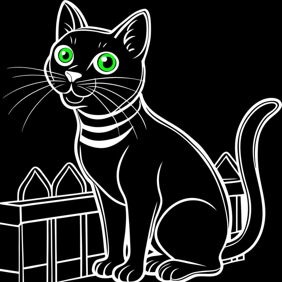A black cat with green eyes sitting on a fence vector