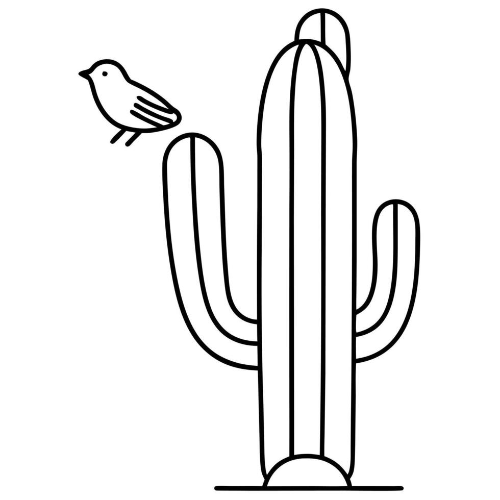 single cactus with a bird perched on it outline, illustration line art vector