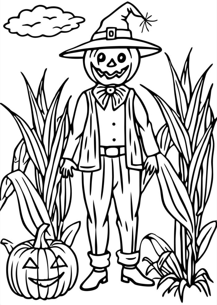 a scarecrow stands in a cornfield with a carved pumpkin at its feet, adding a rustic, harvest-time vector
