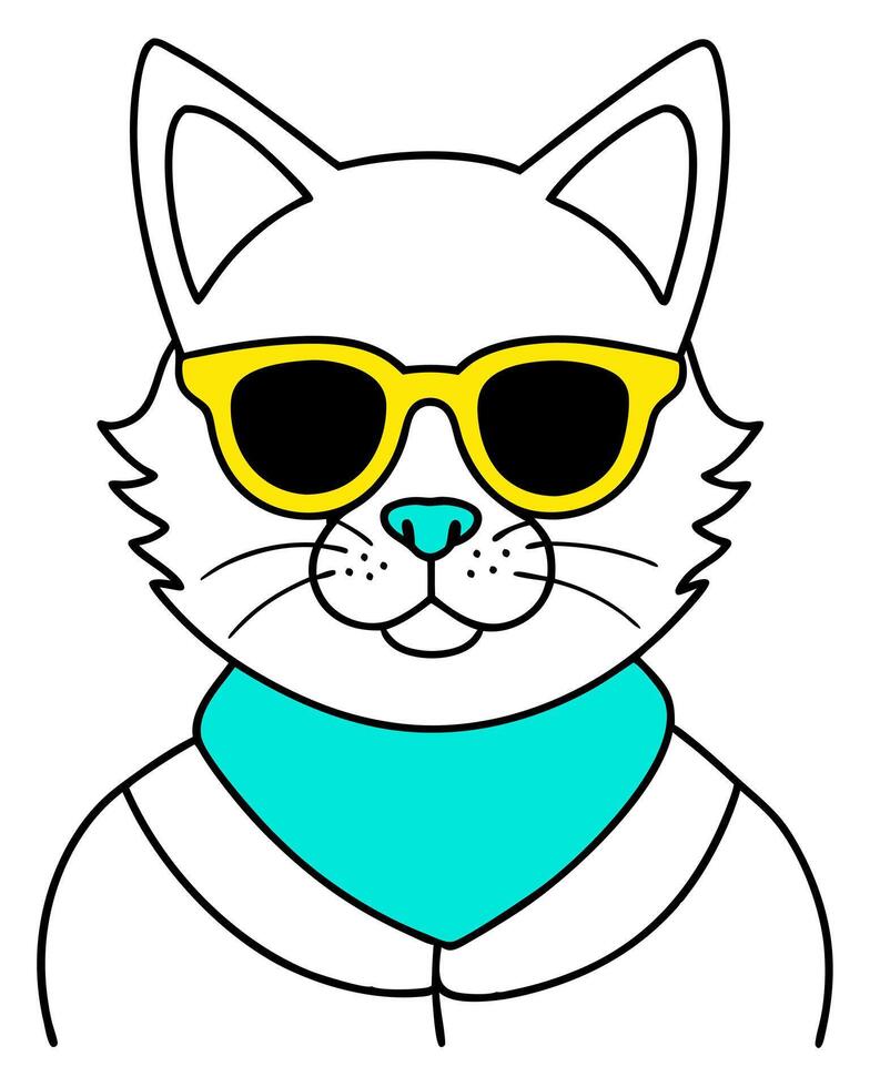 cat wearing sunglasses, with a vibrant color scheme that includes teal and yellow tones, vector