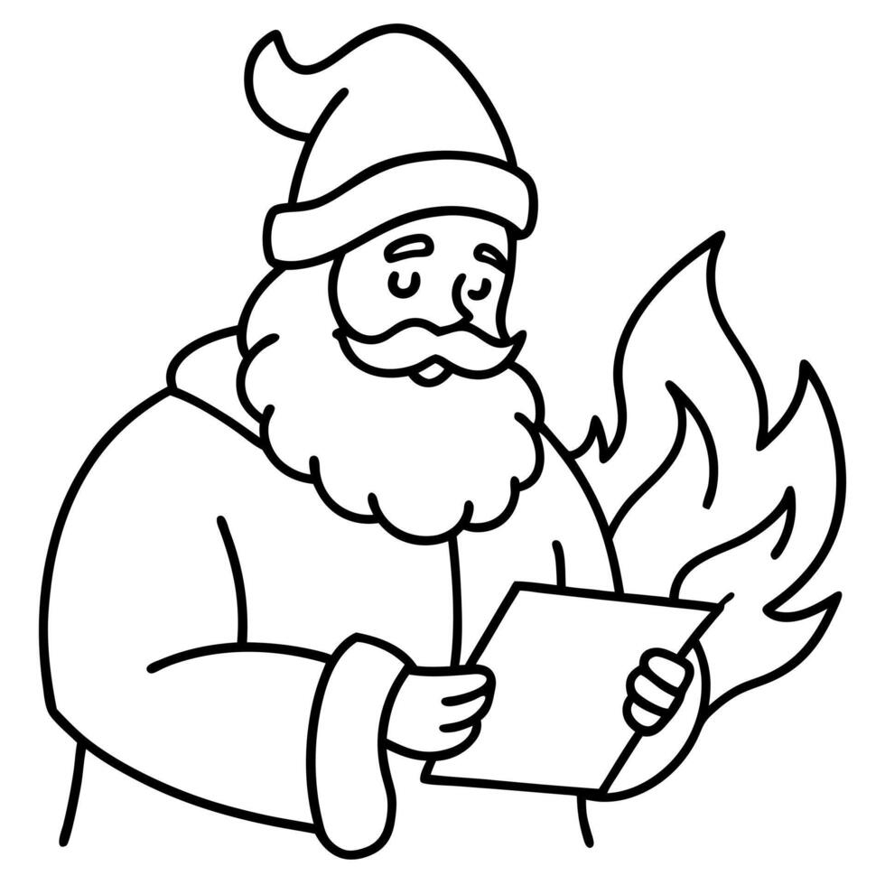 santa claus reading a list of names by a warm fire, illustration line art vector