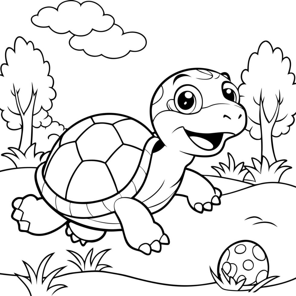 illustrate a playful, cute hatchling baby turtle in a grassy park, chasing a ball with joyful vector