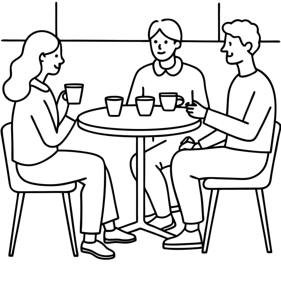 people talking sitting in cafe, illustration line art vector