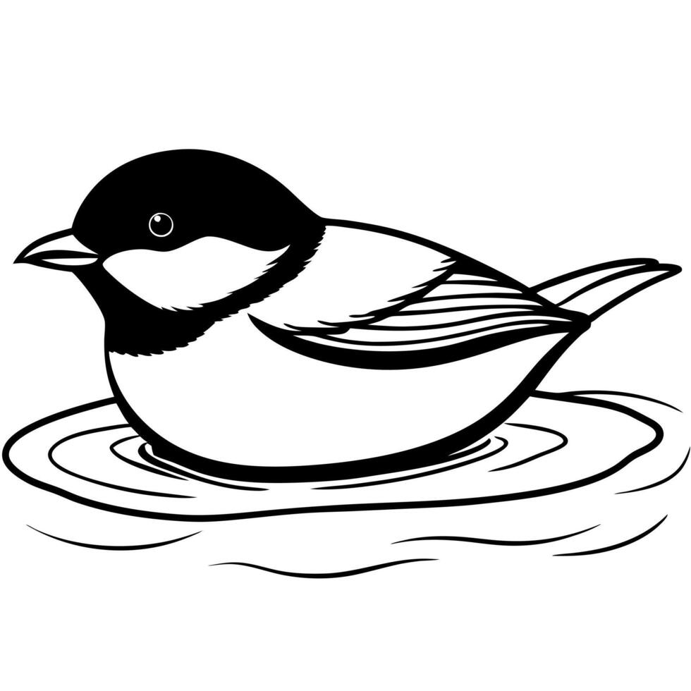 black capped chickadee swimming, illustration line art vector