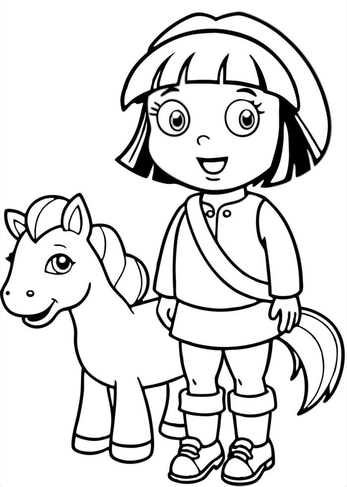 dora the explorer with kuda poni, illustration line art vector