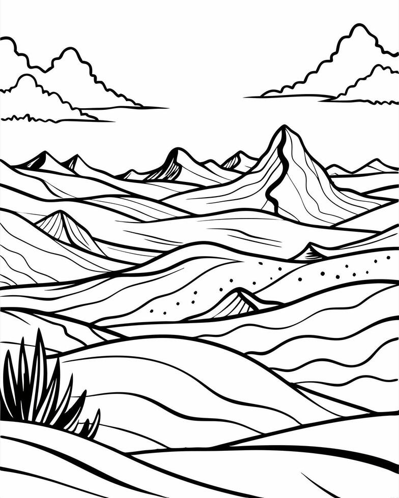 cartoon, desert in the foreground, far away high sand dunes, illustration line art vector