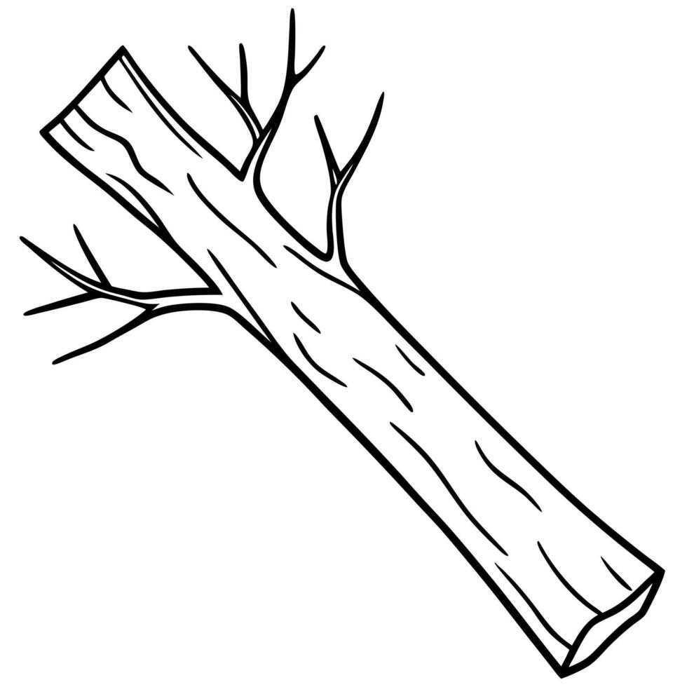 a chopped thin and long tree trunk branch with bark and nodes, illustration line art vector