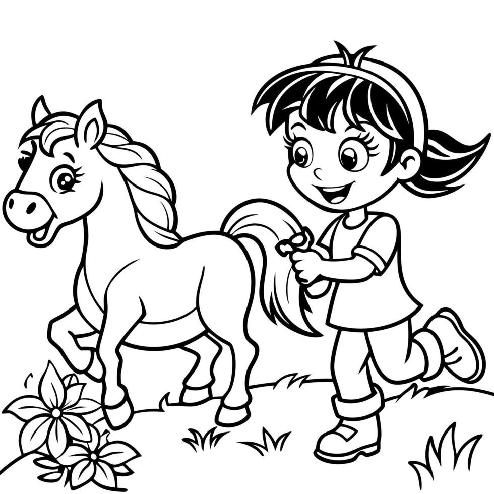 dora the explorer bermain bersama kuda poni di fields, illustration line art vector