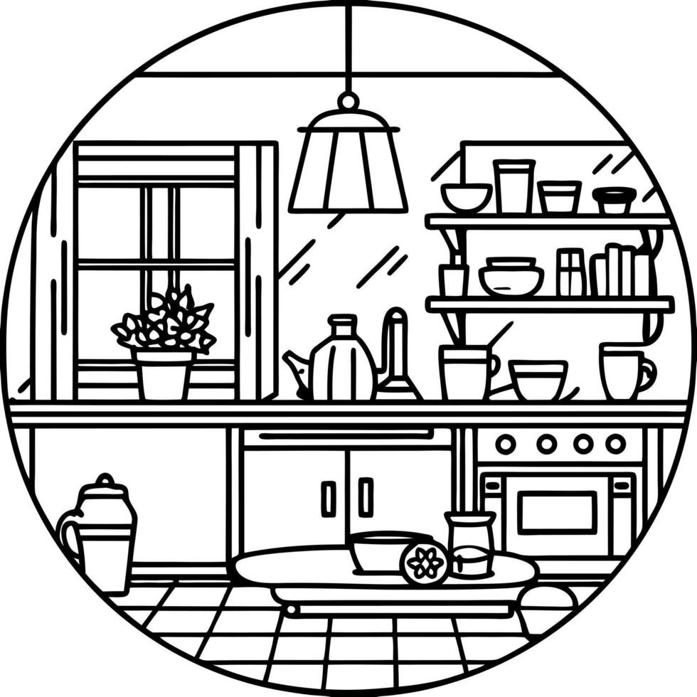 cozy kitchen, illustration line art vector
