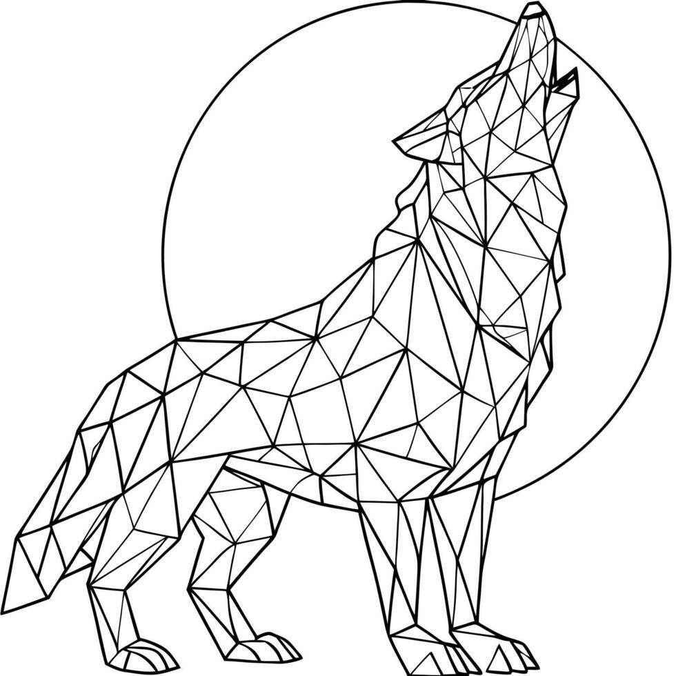 polygon wolf howls at the moon, illustration line art vector