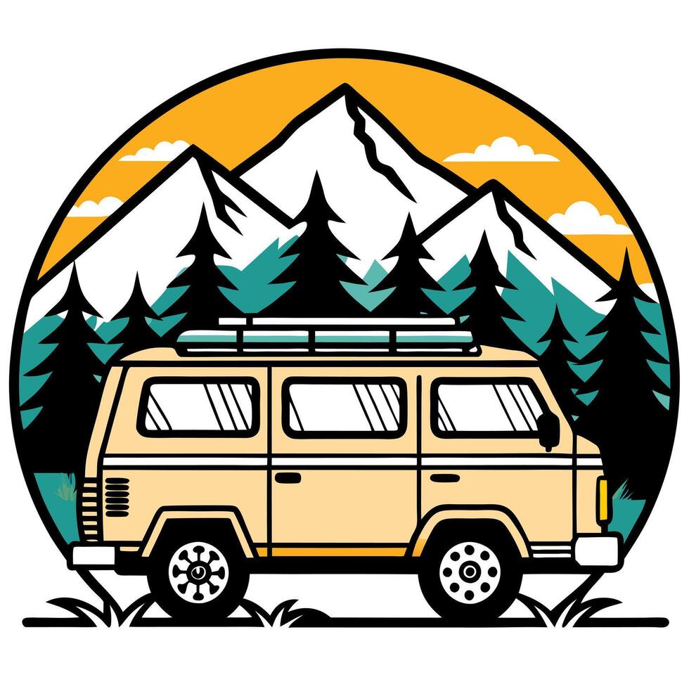 a retro-inspired, vibrant illustration of a rugged camping van with knobby tires and lifted vector
