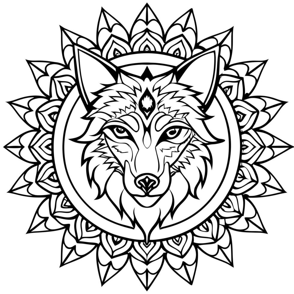 mandala art wolf, illustration line art vector