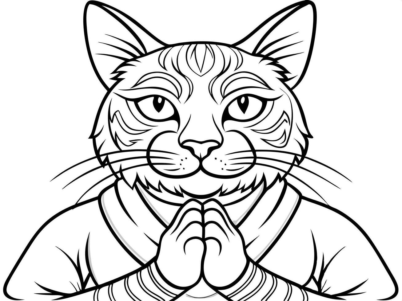 muay thai fighting cat with praying hand head shot, illustration line art vector