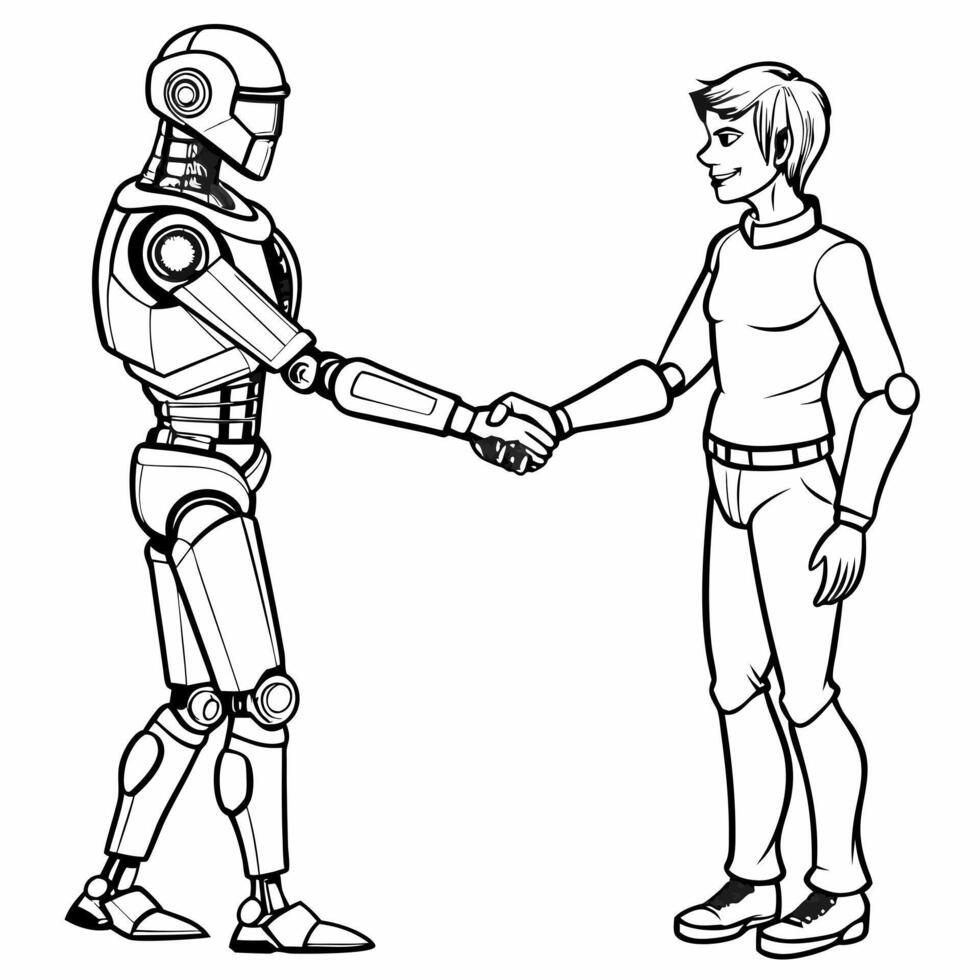 a robot hand shake with a human hand, illustration line art vector