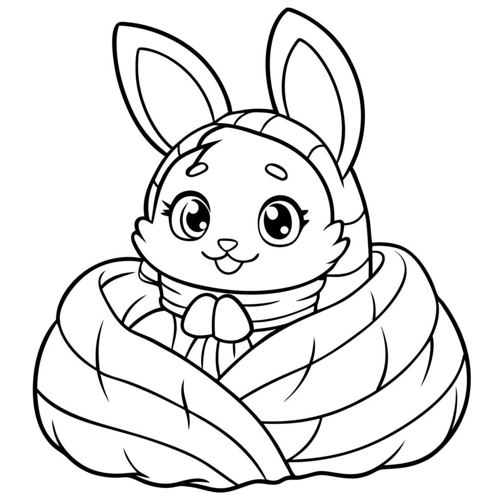 a coloring page of a cute chibi rabbit in a blanket with pillows, illustration line art vector