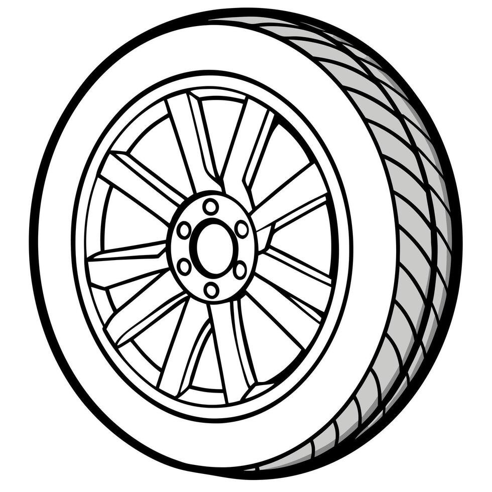 car tire with cast chrome wheel linear drawing in tire frame point drawing airbrushing half vector