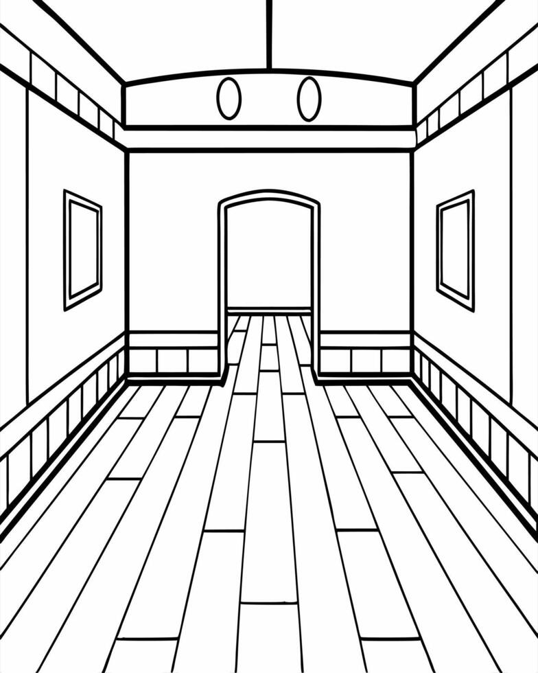 cartoon, an empty ships cabin, with a wooden floor, illustration line art vector