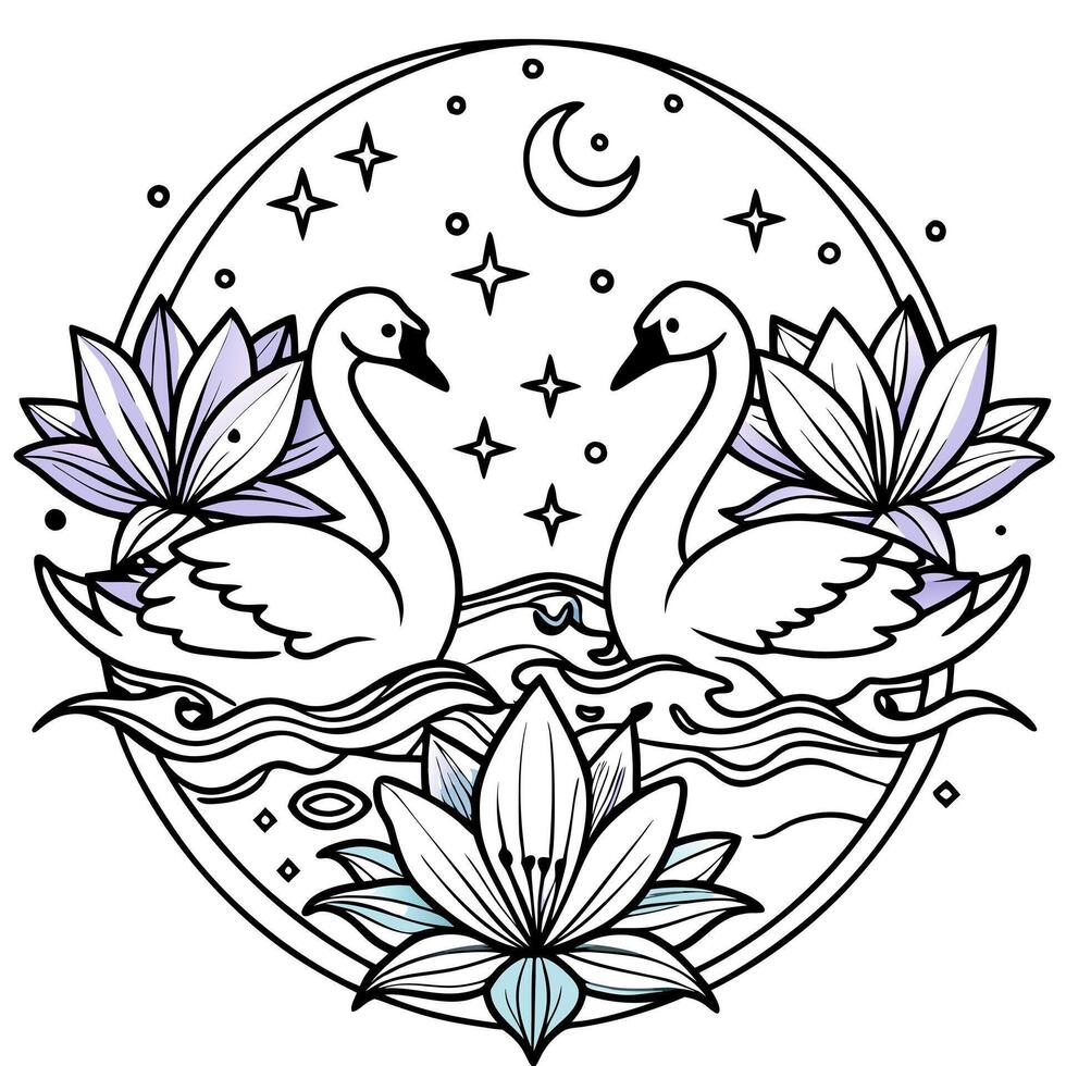 Swans in the water with lotus flowers and stars vector