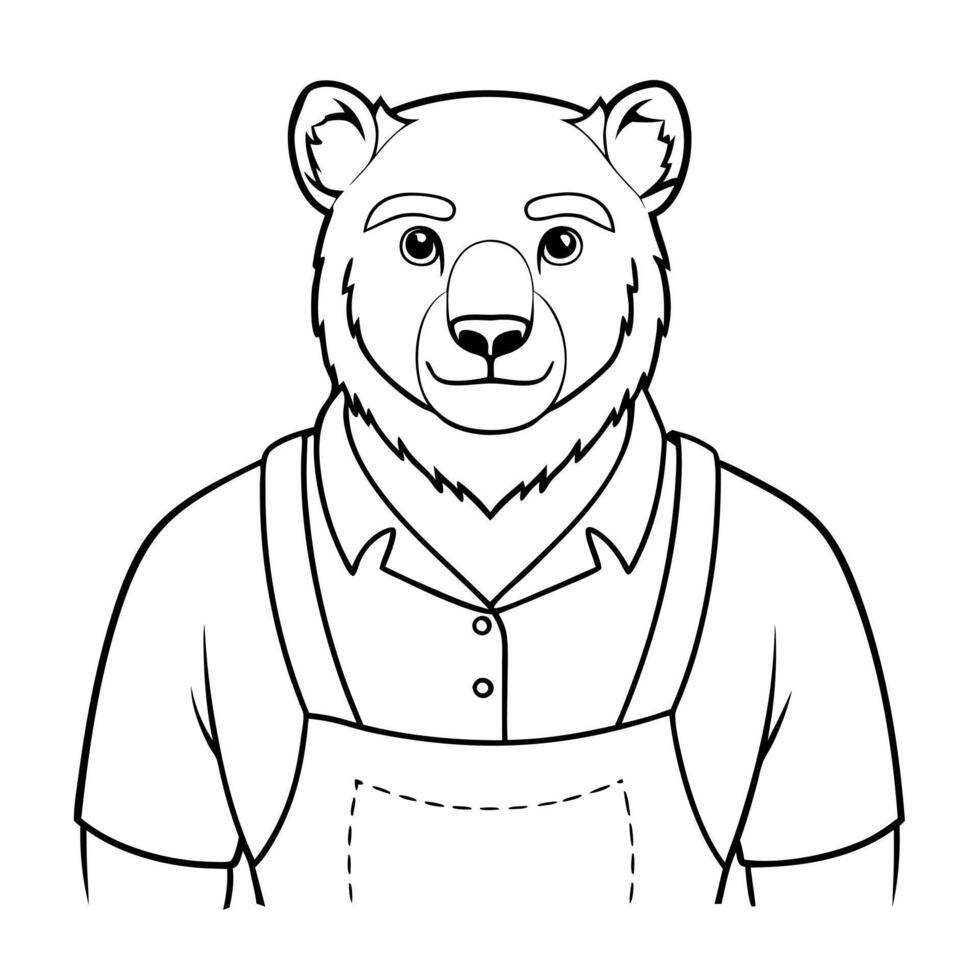 Bear in apron, black and white illustration vector