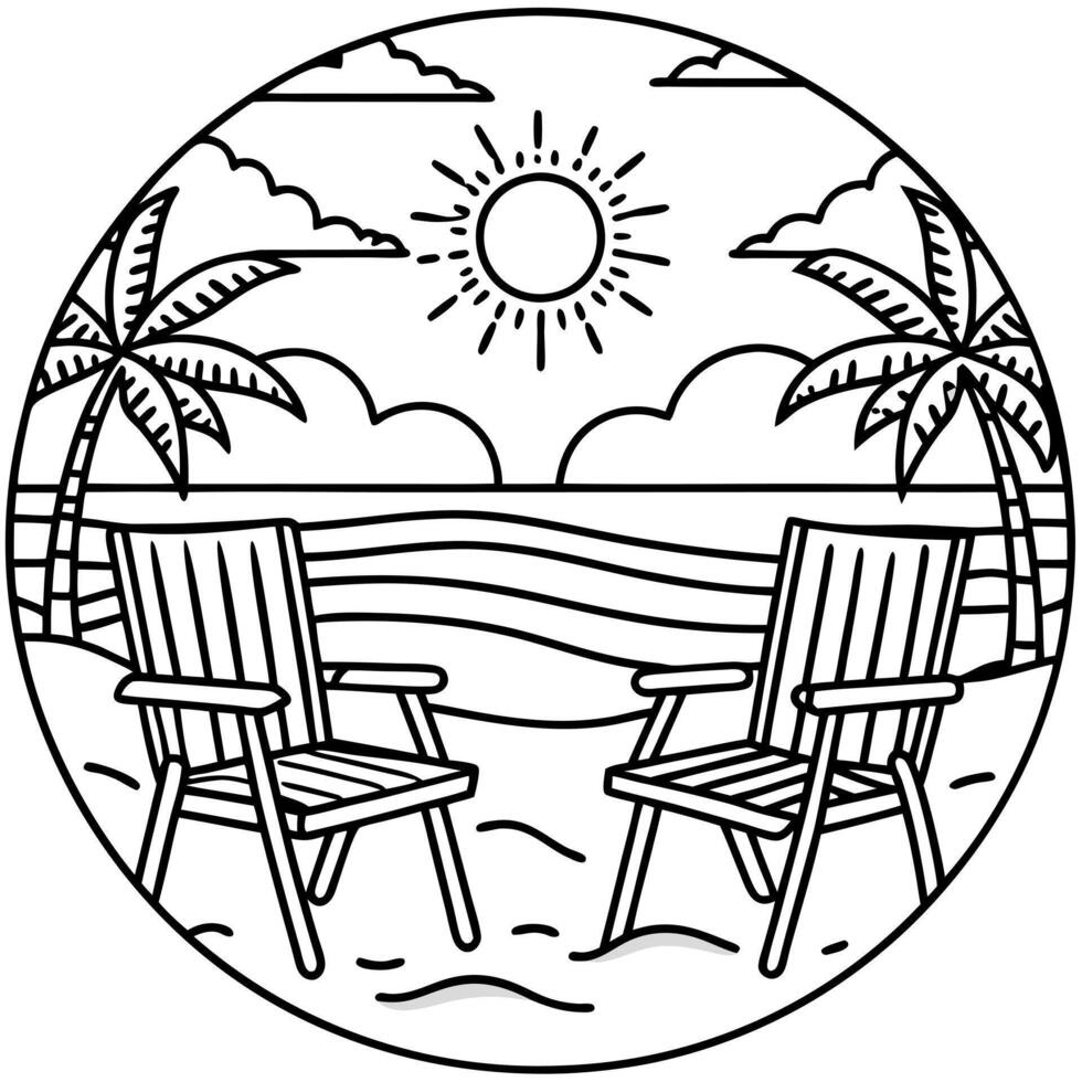 a beach scene with chairs and sunset on the beach, illustration line art vector