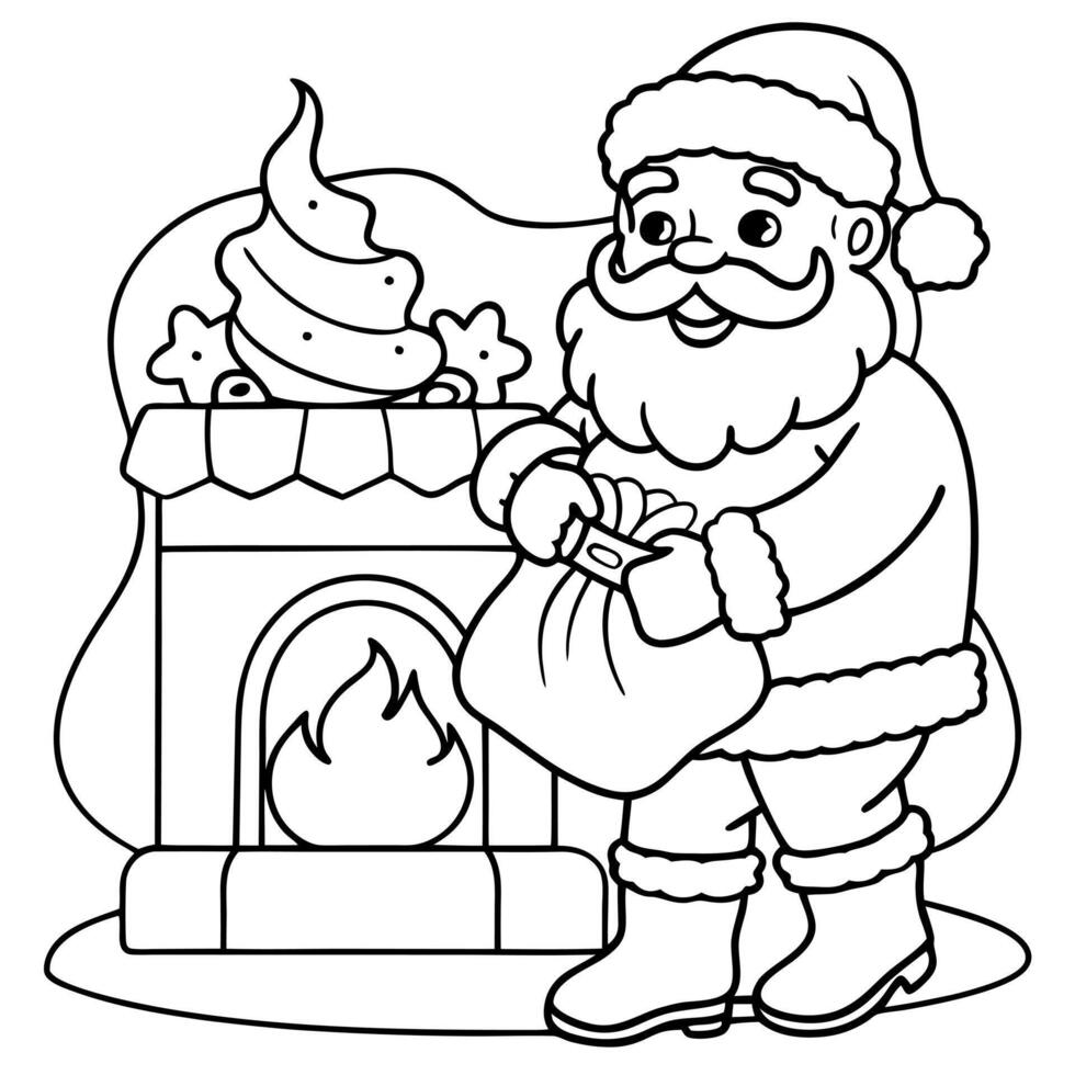 coloring page for kids, bold line art, santa claus filling stockings with gifts in front of a vector