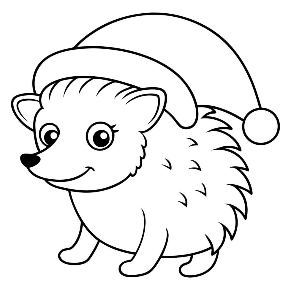 coloring page for kids, bold line art, a hedgehog wearing a santa hat, illustration line art vector