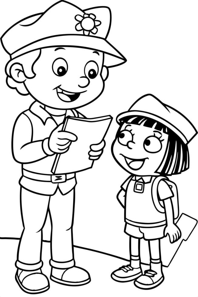 dora the explorer in front of police station while ask to policeman about map, illustration vector