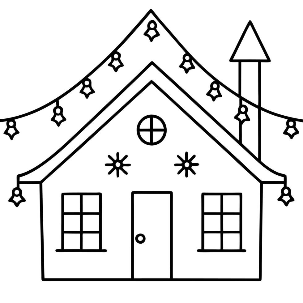 christmas lights on a house, illustration line art vector