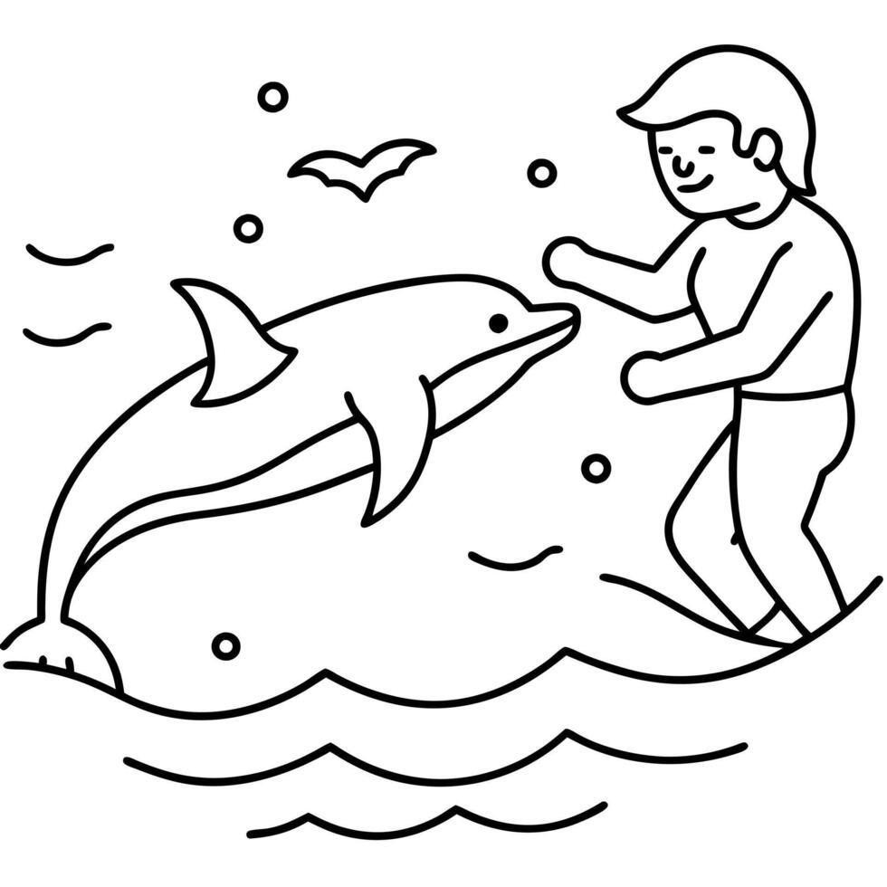 a marine biologist swimming with dolphins or studying fish, illustration line art vector