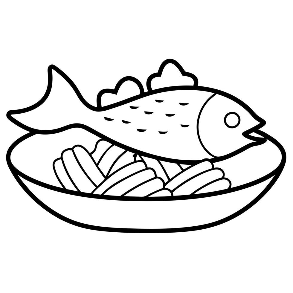 fish and chips dish, illustration line art vector