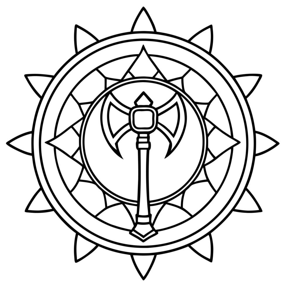 bloody axe in the center mandala, illustration line art vector