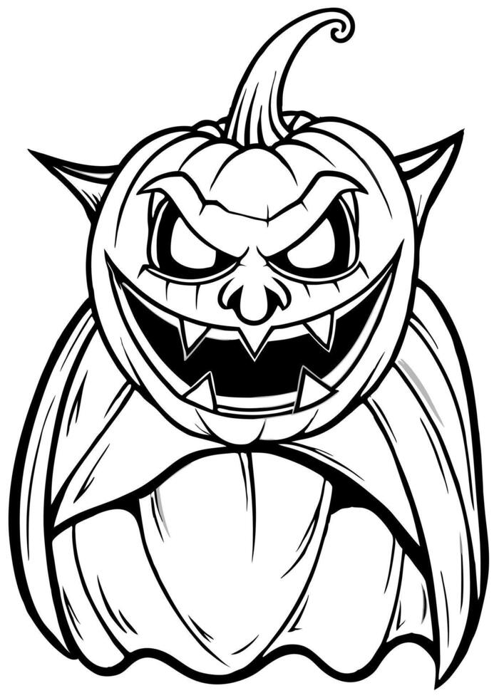 a sinister pumpkin carved with fangs and a cape draped over its back, resembling a vampire ready to vector