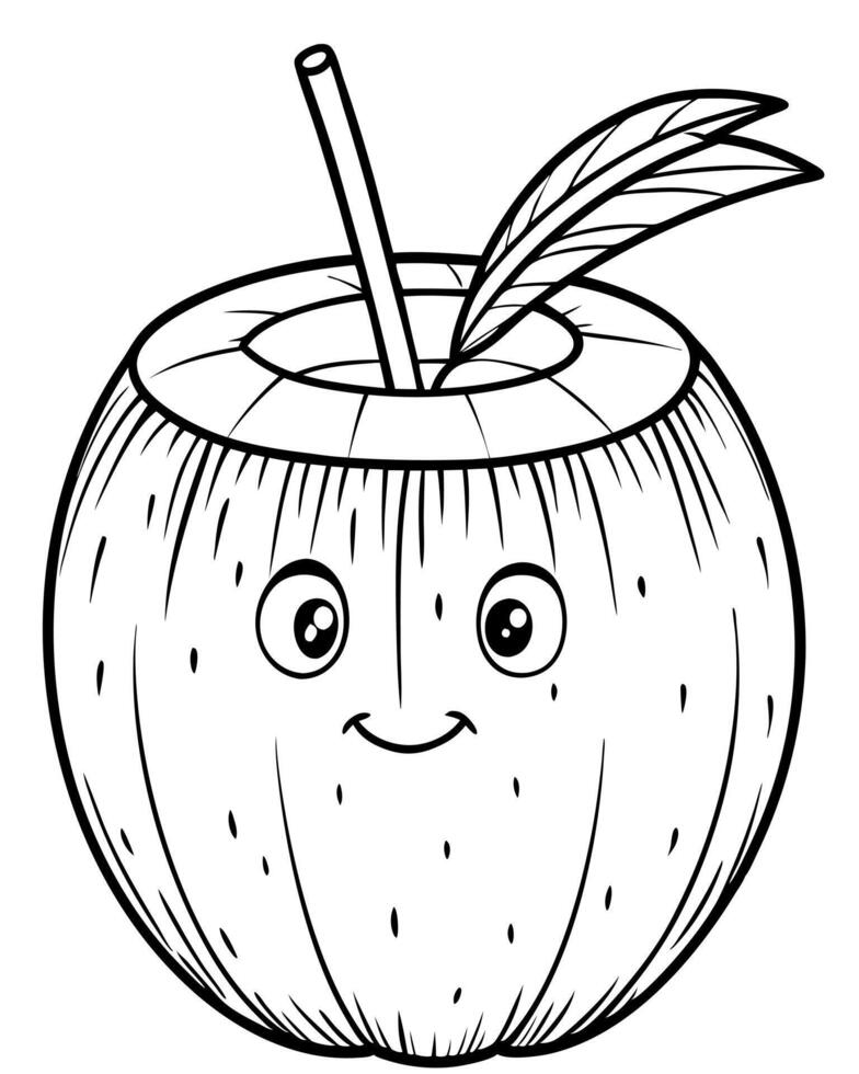 cartoon, realistic cute coconut, illustration line art vector